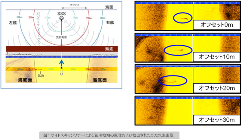 サイドスキャンソナーによる気泡検知の原理および検出されたCO2気泡画像 